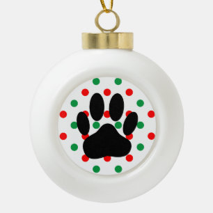Dog Pawprint Red Green Polka Dots Ceramic Ball Christmas Ornament
