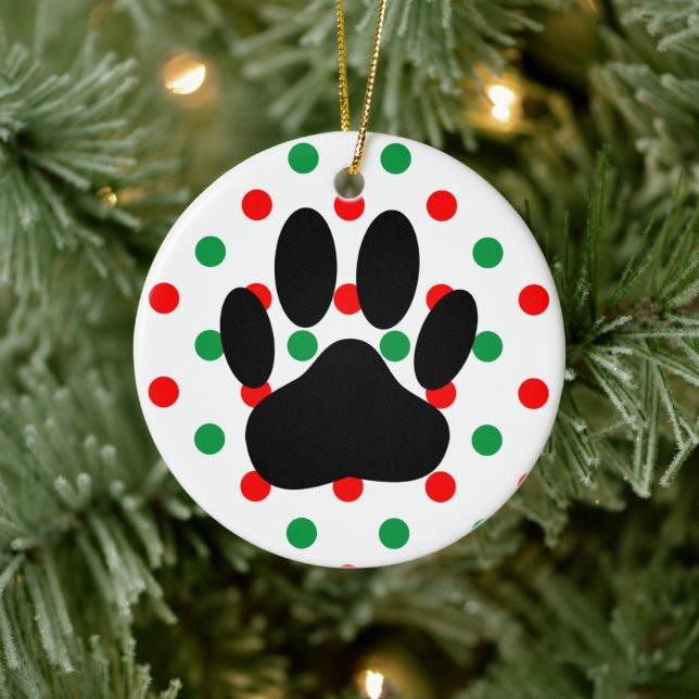Dog Pawprint Red Green Polka Dots Ceramic Ornament (Tree)