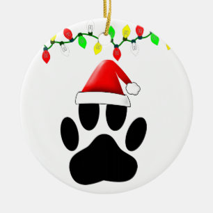 Dog Pawprint Santa Hat Christmas Lights Ceramic Ornament