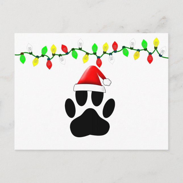 Dog Pawprint Santa Hat Christmas Lights Holiday Postcard (Front)
