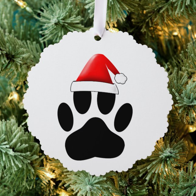 Dog Pawprint Santa Hat Ornament Card (Insitu (Tree))