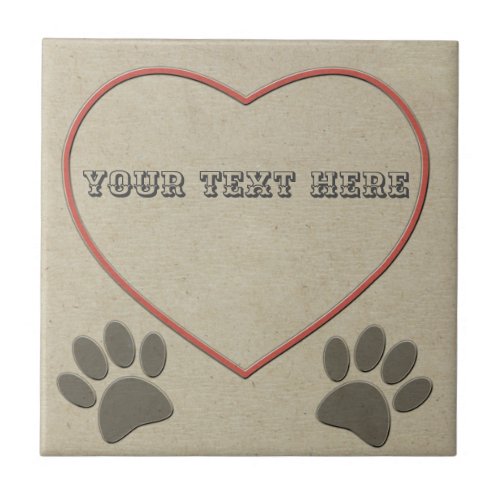 Dog Pawprints And Heart Faux Embossed Paper Ceramic Tile