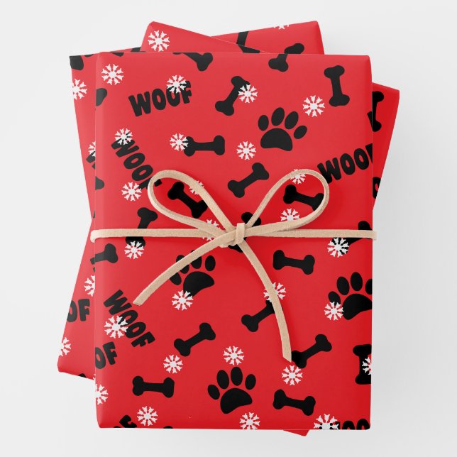 Dog Paws and Bones Christmas Snow Flakes Custom Wrapping Paper Sheets (In situ)