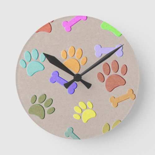 Dog Paws And Bones Faux Colorful Paper  Fleece Bla Round Clock