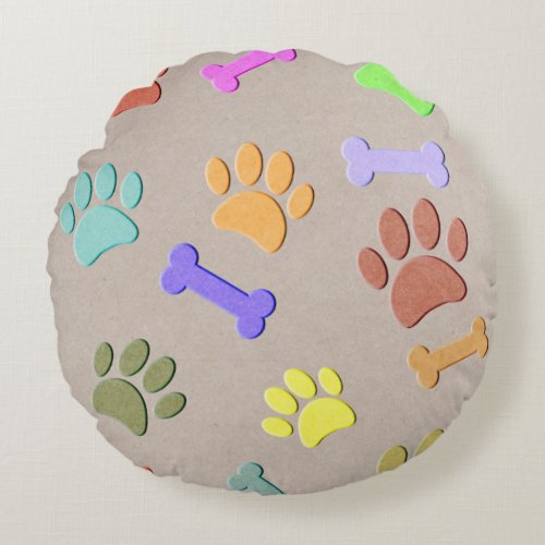 Dog Paws And Bones Faux Colorful Paper  Fleece Bla Round Pillow