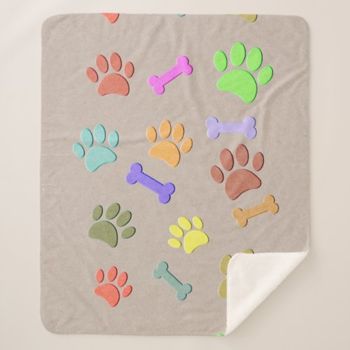 Dog Paws And Bones Faux Colorful Paper  Fleece Bla Sherpa Blanket