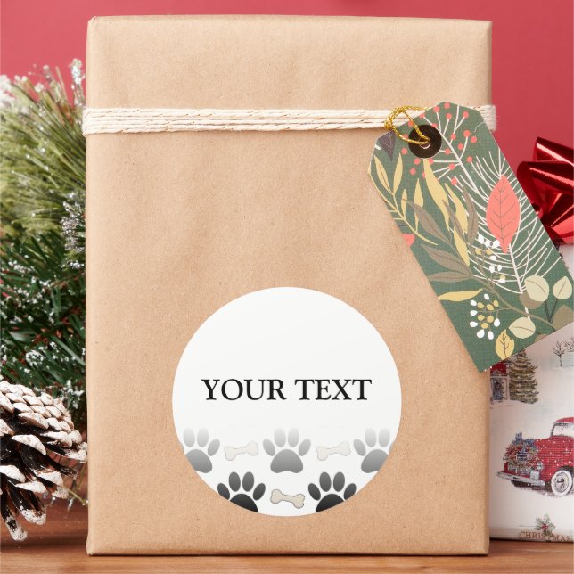 Dog Paws And Bones With Gradient Custom Text Classic Round Sticker (Holiday)