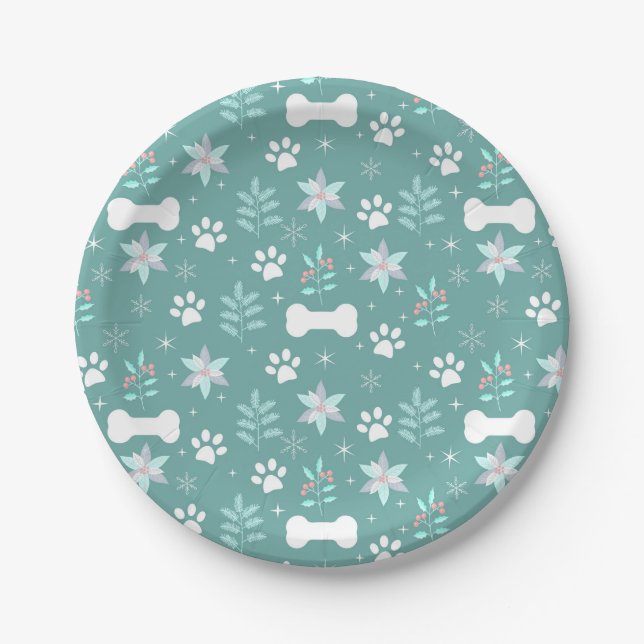 Dog Paws and Holiday Bones Pattern Paper Plates (Front)