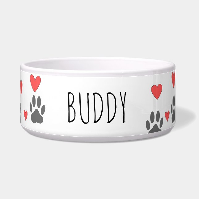 Dog Paws And Red Hearts Custom Name Bowl (Right)