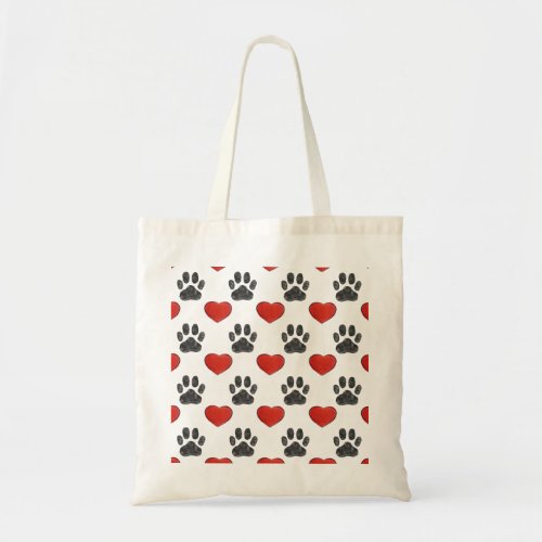 Dog Paws And Red Hearts Painting Pattern Tote Bag