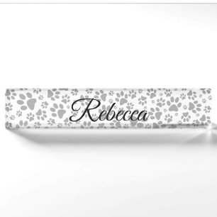 Dog Paws Black and White Polka Dot Desk Name Plate