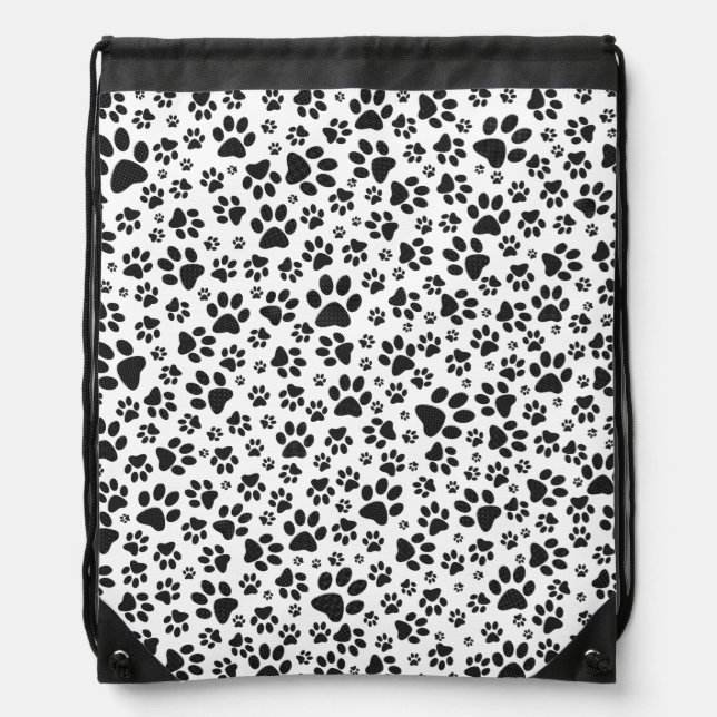 Dog Paws Black and White Polka Dot  Drawstring Bag (Front)