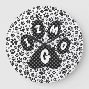 Dog Paws Black and White Polka Dot Large Clock
