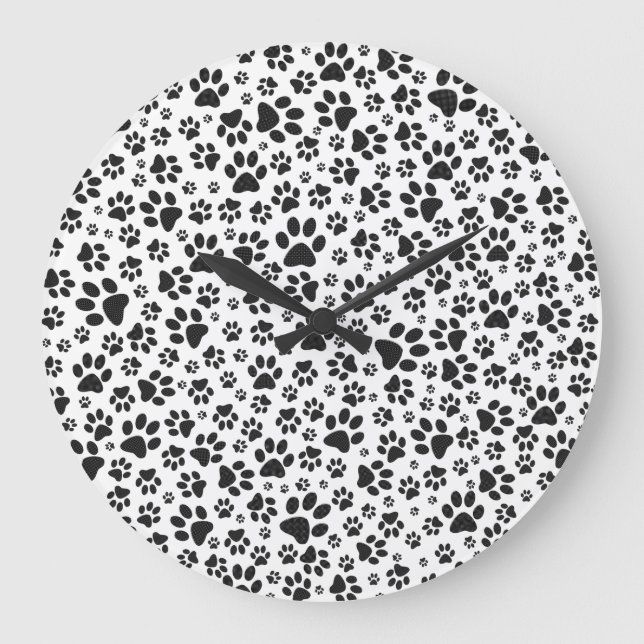 Dog Paws Black and White Polka Dot  Large Clock (Front)