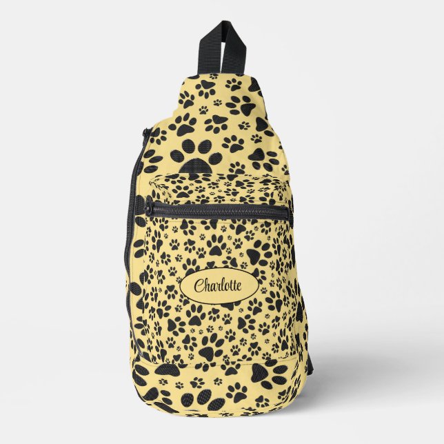 Dog Paws Black and White Polka Dot on butter cream Sling Bag (Front)