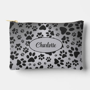 Dog Paws Black and White Polka Dot on metal silver Accessory Pouch