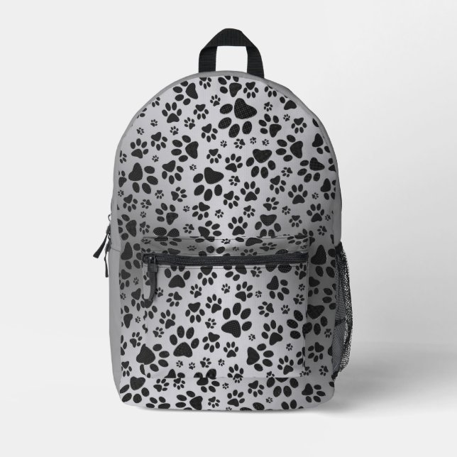Dog Paws Black and White Polka Dot on metal silver Printed Backpack (Front)