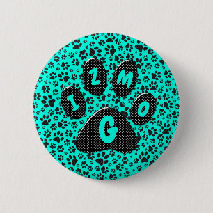 Dog Paws Black and White Polka Dot on vivid cyan Button