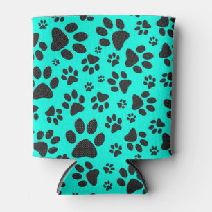 Dog Paws Black and White Polka Dot on vivid cyan Can Cooler