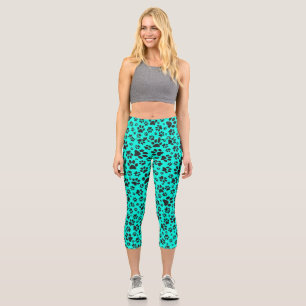 Dog Paws Black and White Polka Dot on vivid cyan  Capri Leggings