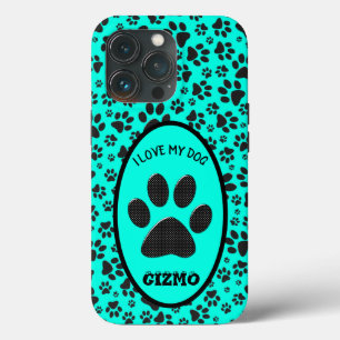 Dog Paws Black and White Polka Dot on vivid cyan iPhone 13 Pro Case
