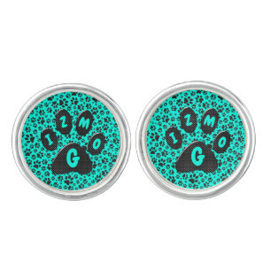 Dog Paws Black and White Polka Dot on vivid cyan Cufflinks