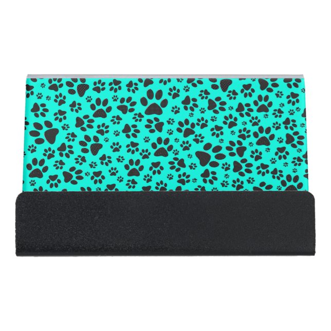 Dog Paws Black and White Polka Dot on vivid cyan  Desk Business Card Holder (Front)
