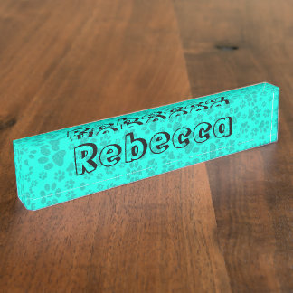 Dog Paws Black and White Polka Dot on vivid cyan Desk Name Plate