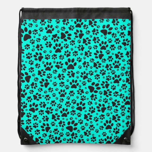 Dog Paws Black and White Polka Dot on vivid cyan  Drawstring Bag (Front)