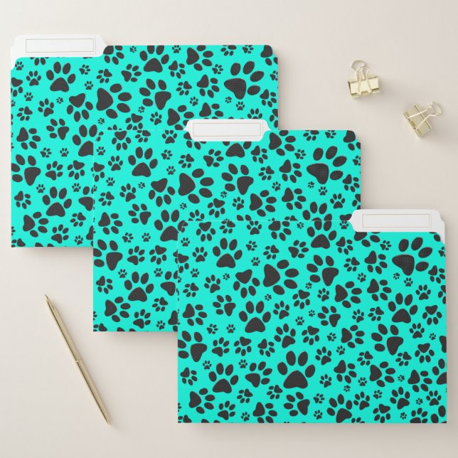 Dog Paws Black and White Polka Dot on vivid cyan  File Folder (Set)