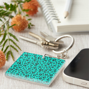 Dog Paws Black and White Polka Dot on vivid cyan Keychain