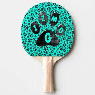Dog Paws Black and White Polka Dot on vivid cyan Ping Pong Paddle