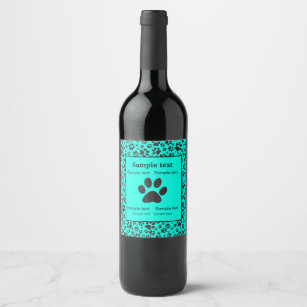 Dog Paws Black and White Polka Dot on vivid cyan   Wine Label