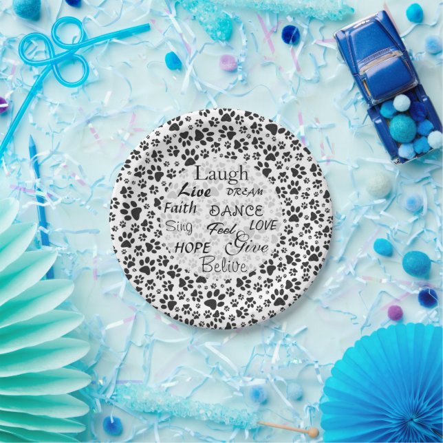 Dog Paws Black and White Polka Dot  Paper Plates (Party)