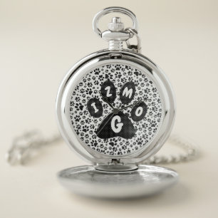 Dog Paws Black and White Polka Dot Pocket Watch