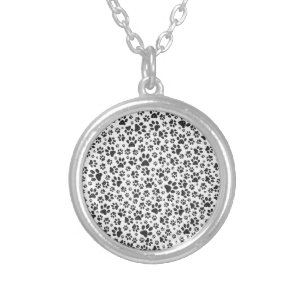 Dog Paws Black and White Polka Dot  Silver Plated Necklace