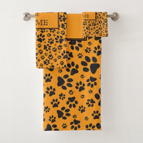 Dog Paws Black  White Polka Dot on dahlia orange  Bath Towel Set