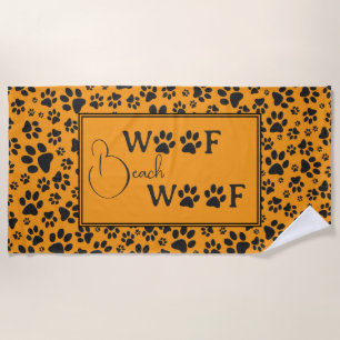 Dog Paws Black & White Polka Dot on dahlia orange  Beach Towel