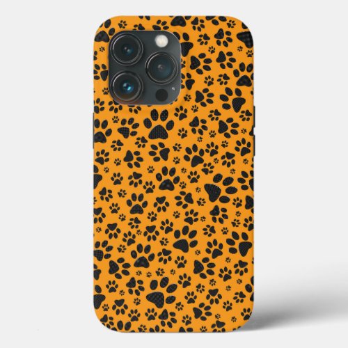 Dog Paws Black  White Polka Dot on dahlia orange iPhone 13 Pro Case
