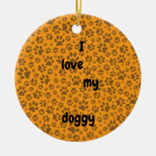 Dog Paws Black & White Polka Dot on dahlia orange Ceramic Ornament