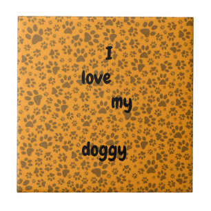 Dog Paws Black & White Polka Dot on dahlia orange Ceramic Tile