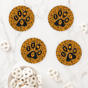 Dog Paws Black & White Polka Dot on dahlia orange Coaster Set