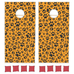 Dog Paws Black & White Polka Dot on dahlia orange Cornhole Set