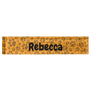 Dog Paws Black & White Polka Dot on dahlia orange Desk Name Plate