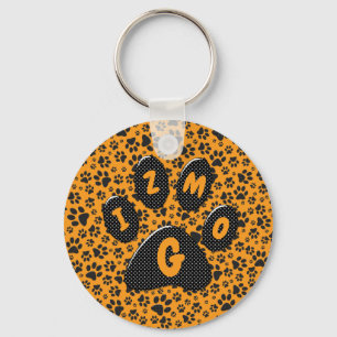 Dog Paws Black & White Polka Dot on dahlia orange Keychain