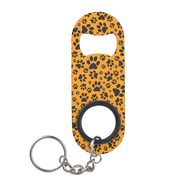 Dog Paws Black & White Polka Dot on dahlia orange Keychain Bottle Opener (Front)