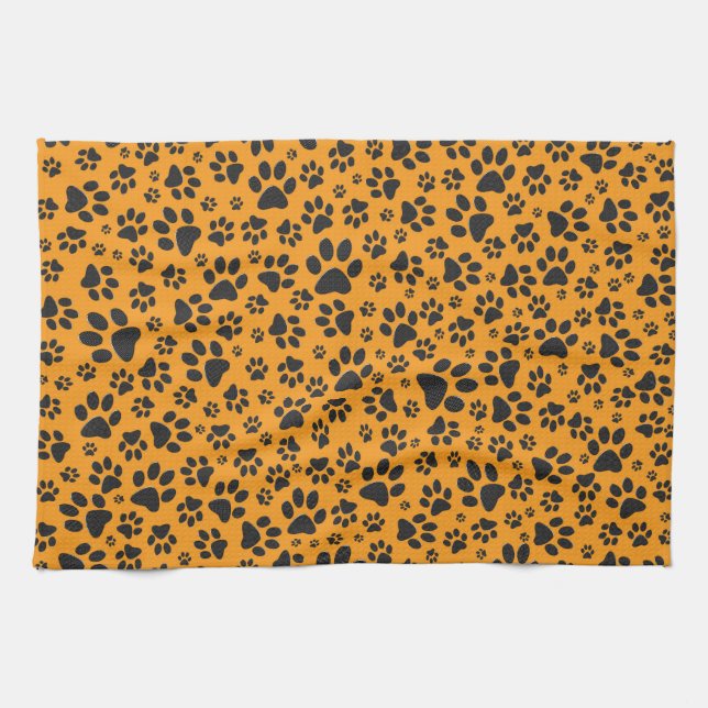 Dog Paws Black & White Polka Dot on dahlia orange Kitchen Towel (Horizontal)