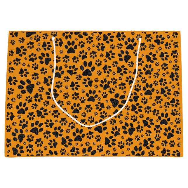 Dog Paws Black & White Polka Dot on dahlia orange Large Gift Bag (Front)