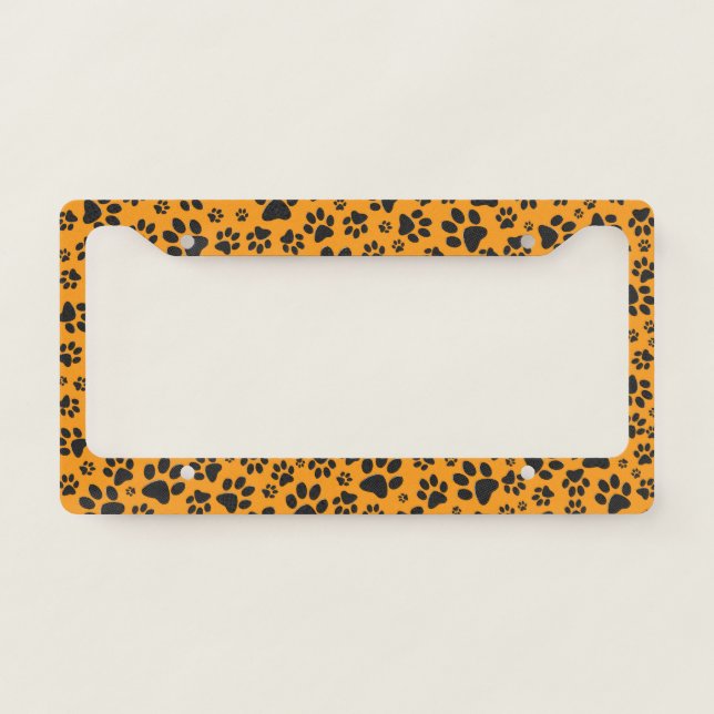 Dog Paws Black & White Polka Dot on dahlia orange License Plate Frame (Front)