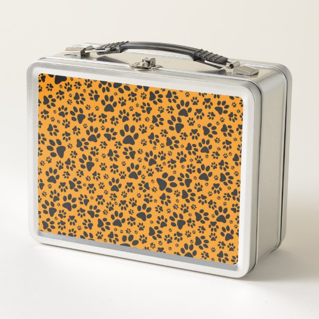 Dog Paws Black & White Polka Dot on dahlia orange Metal Lunch Box (Front)